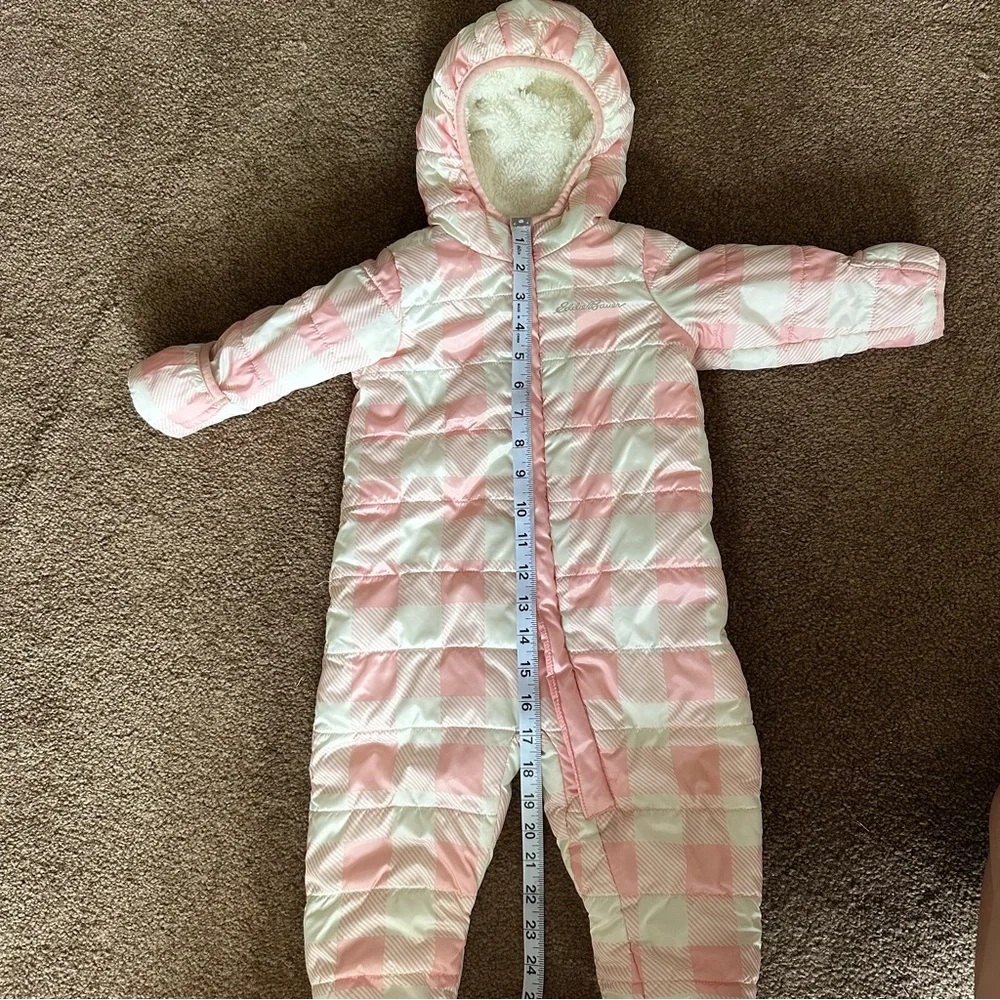 Eddie Bauer Infant Girls Pink Checkered Puffer Snowsuit 6-9M Hooded Sherpa Lined